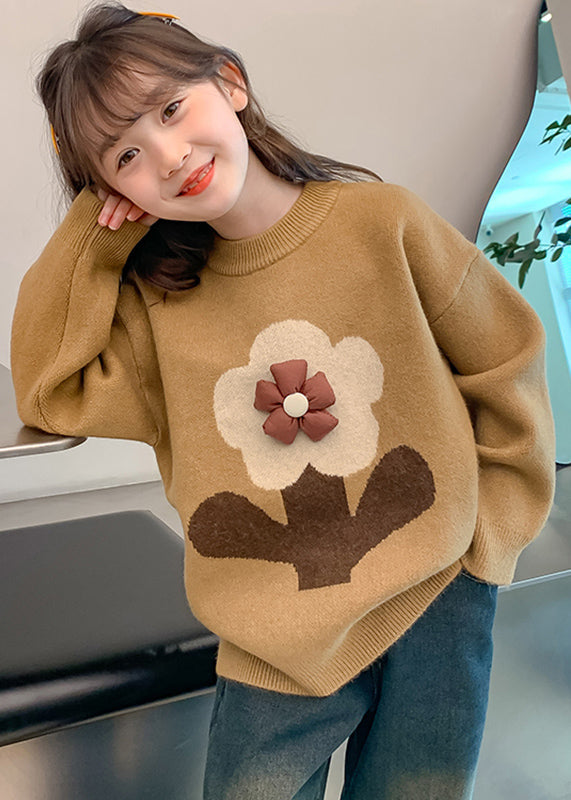 Handmade Khaki Floral Print Cotton Knit Girls Sweaters Winter WL049