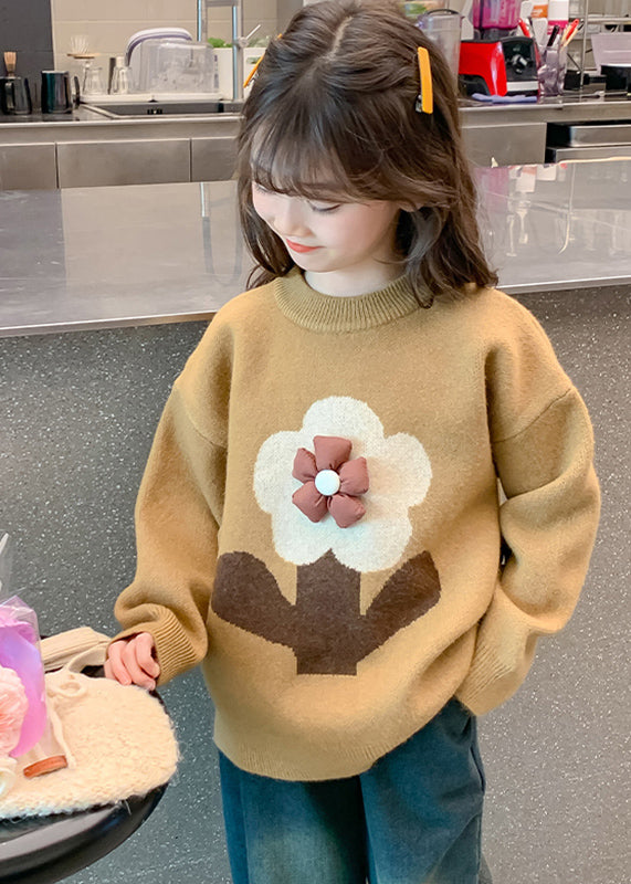 Handmade Khaki Floral Print Cotton Knit Girls Sweaters Winter WL049