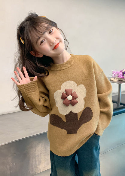 Handmade Khaki Floral Print Cotton Knit Girls Sweaters Winter WL049