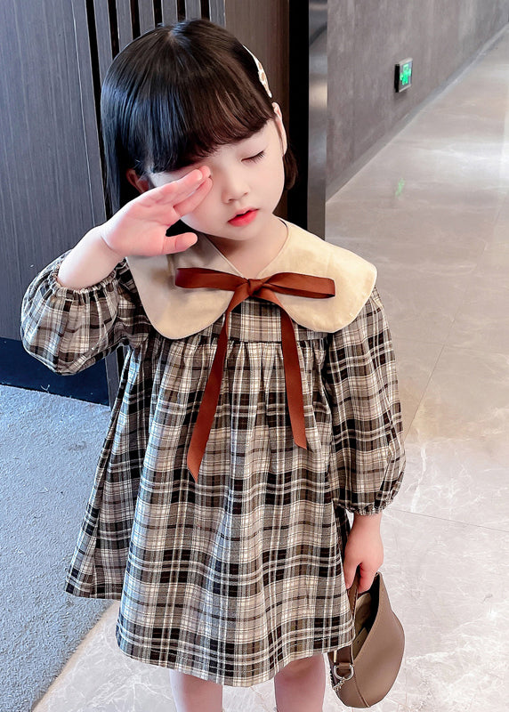 Handmade Khaki Plaid Bow Detachable Girls Mid Dresses Long Sleeve SS1050