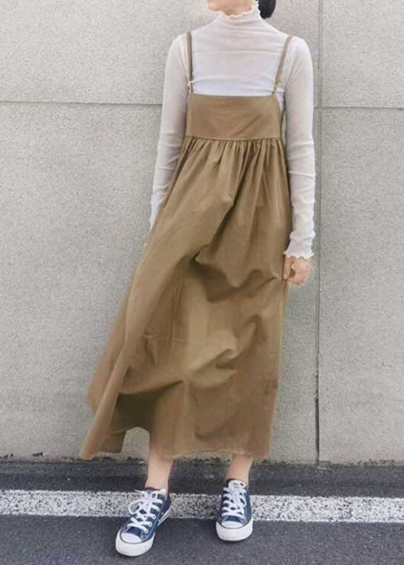Handmade Khaki Wrinkled Dress Strap Long Patchwork Spaghetti