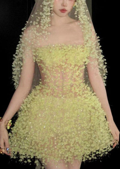 Yellow Handmade Strapless Waist Mid High Dress Tulle Light