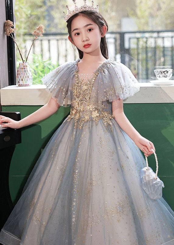 Robe longue en tulle à paillettes et col en V grise faite à la main pour filles, été QV019