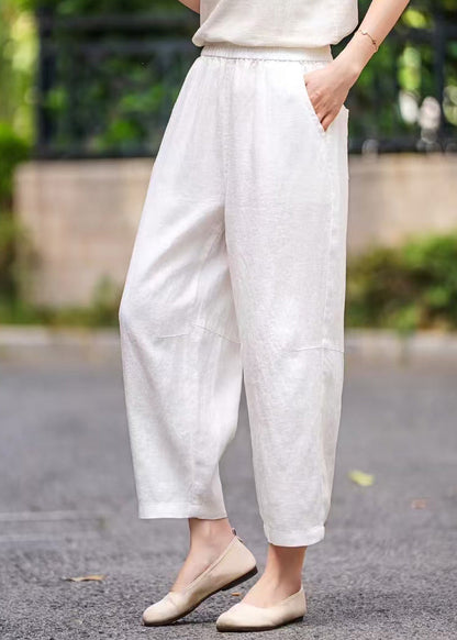 Pants Navy Waist Elastic Pockets Summer Crop Linen Handmade