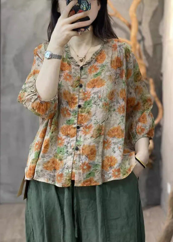 Ruffled Handmade Sleeve Orange Cotton Print Top Bracelet