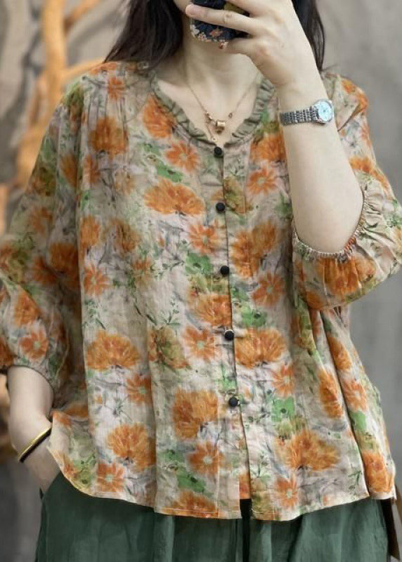 Ruffled Handmade Sleeve Orange Cotton Print Top Bracelet