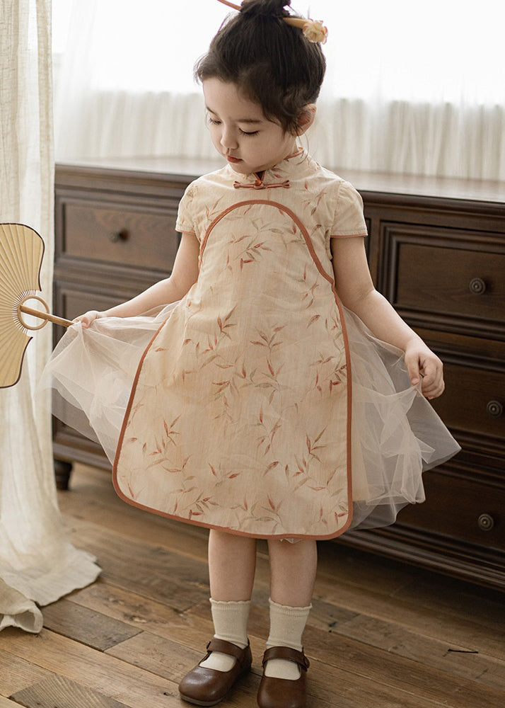 Handmade Orange Stand Collar Tulle Patchwork Kids Maxi Dresses Short Sleeve MN003