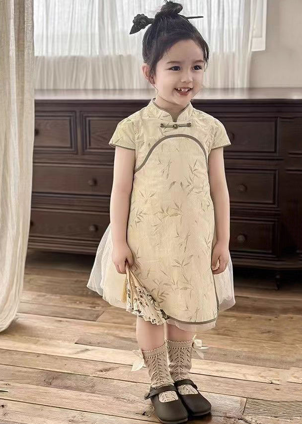 Handmade Orange Stand Collar Tulle Patchwork Kids Maxi Dresses Short Sleeve MN003