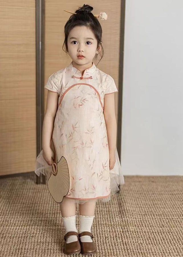 Handmade Orange Stand Collar Tulle Patchwork Kids Maxi Dresses Short Sleeve MN003