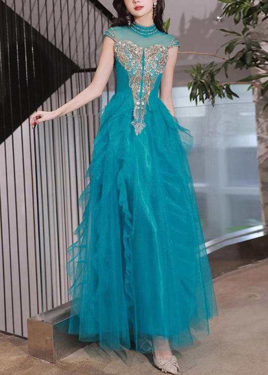 Ruffled Tulle Peacock Blue Dress Nail Summer Bead Handmade Party