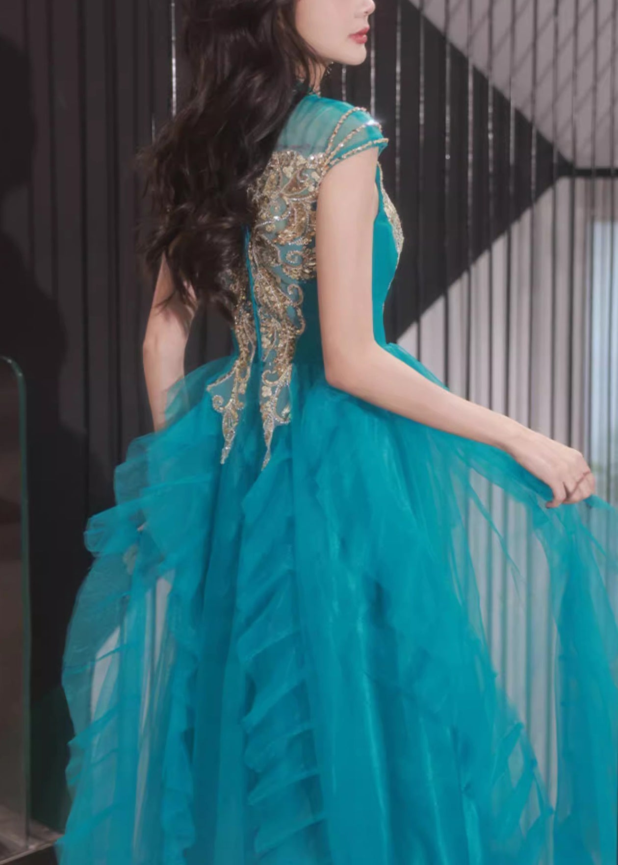 Ruffled Tulle Peacock Blue Dress Nail Summer Bead Handmade Party