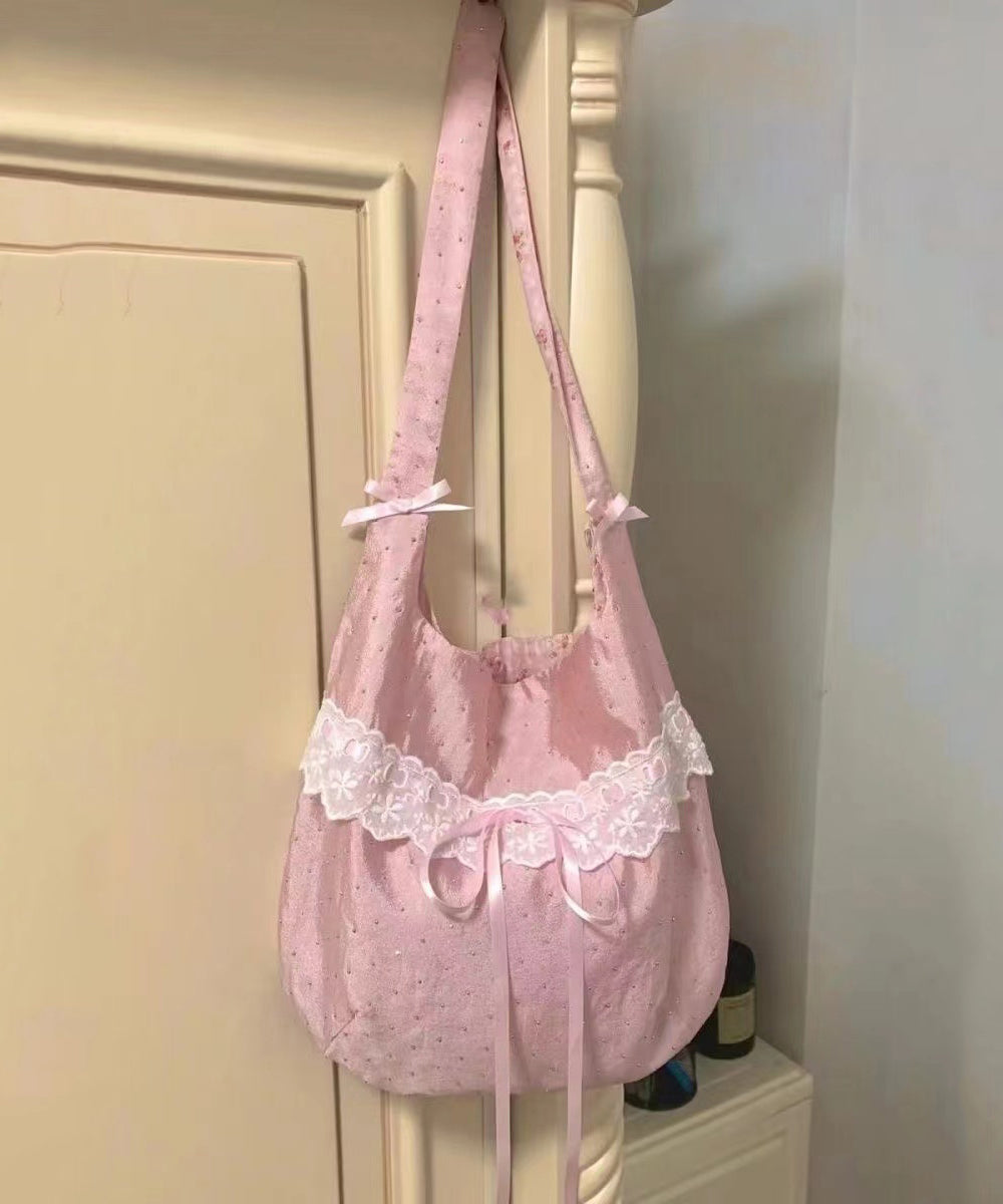 Sac à main en toile avec dentelle et nœud rose fait main WI032