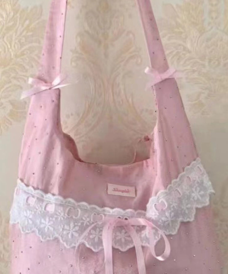 Sac à main en toile avec dentelle et nœud rose fait main WI032