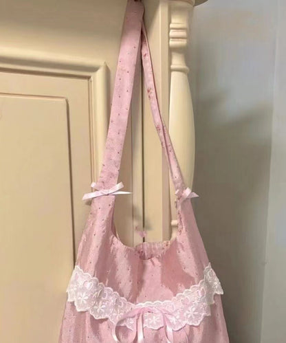 Sac à main en toile avec dentelle et nœud rose fait main WI032