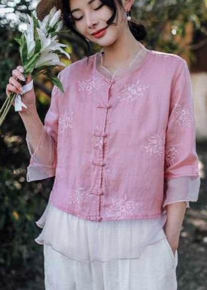 Handmade Pink O-Neck Embroidered Button Shirts Summer VV024