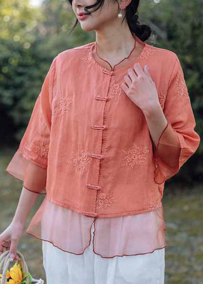 Handmade Pink O-Neck Embroidered Button Shirts Summer VV024