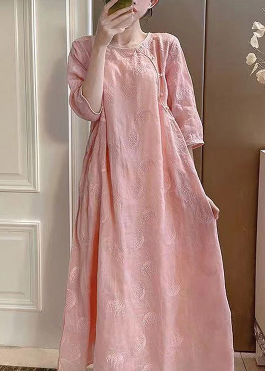 Handmade Pink O-Neck Embroidered Linen Long Dresses Summer XX036