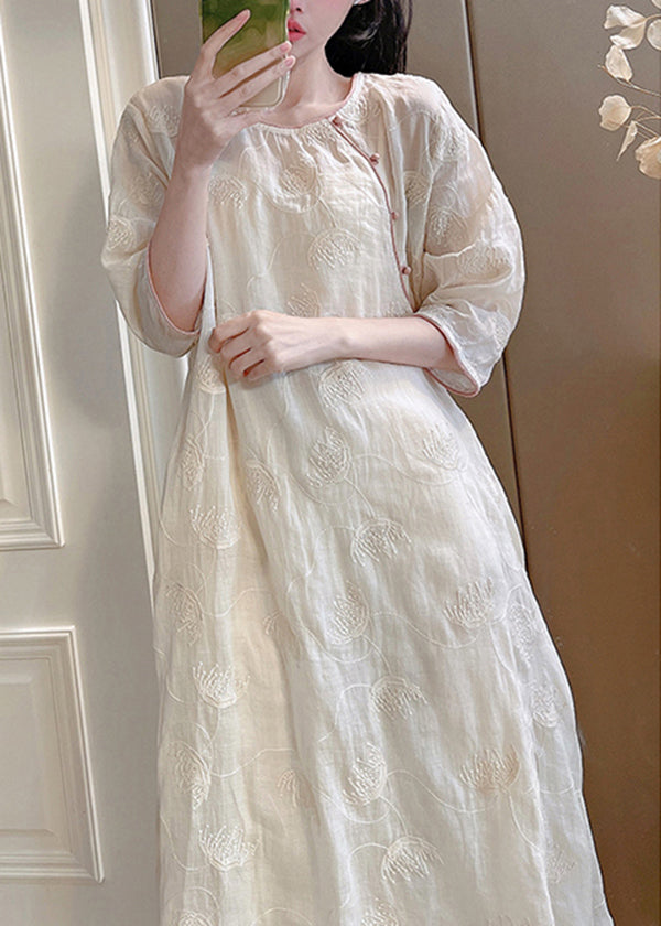 Handmade Pink O-Neck Embroidered Linen Long Dresses Summer XX036