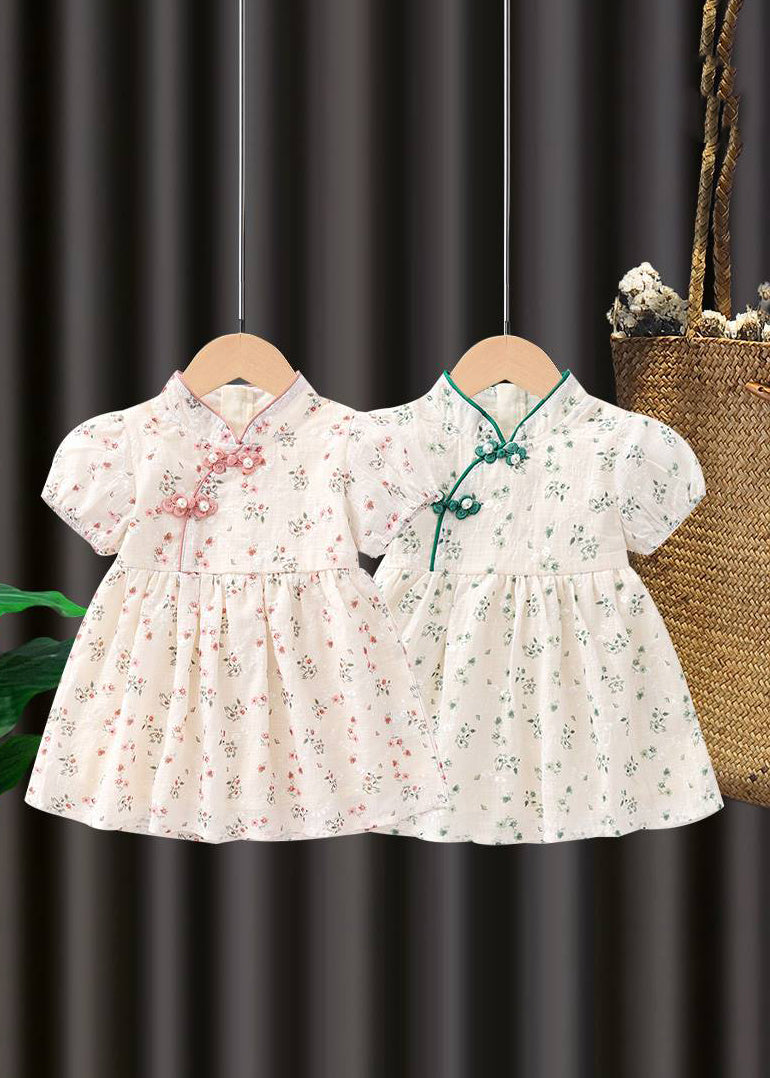 Robe longue à manches courtes pour enfants, faite à la main, rose, col montant, imprimé, MN018