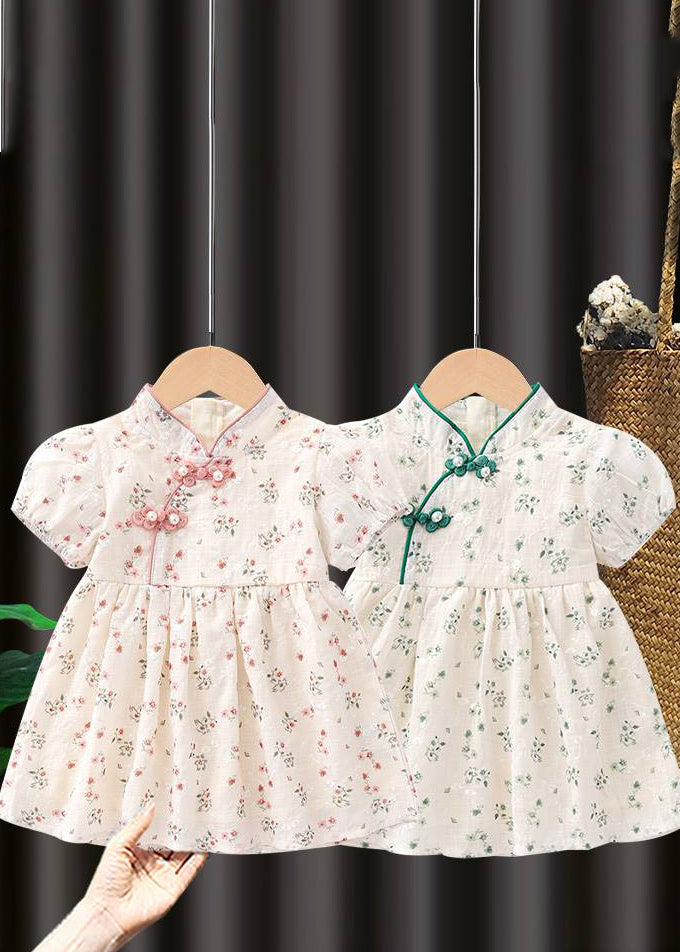 Robe longue à manches courtes pour enfants, faite à la main, rose, col montant, imprimé, MN018