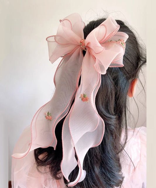 Handmade Pink Tulle Embroidery Bow Ribbon Girls Hairpin YG032