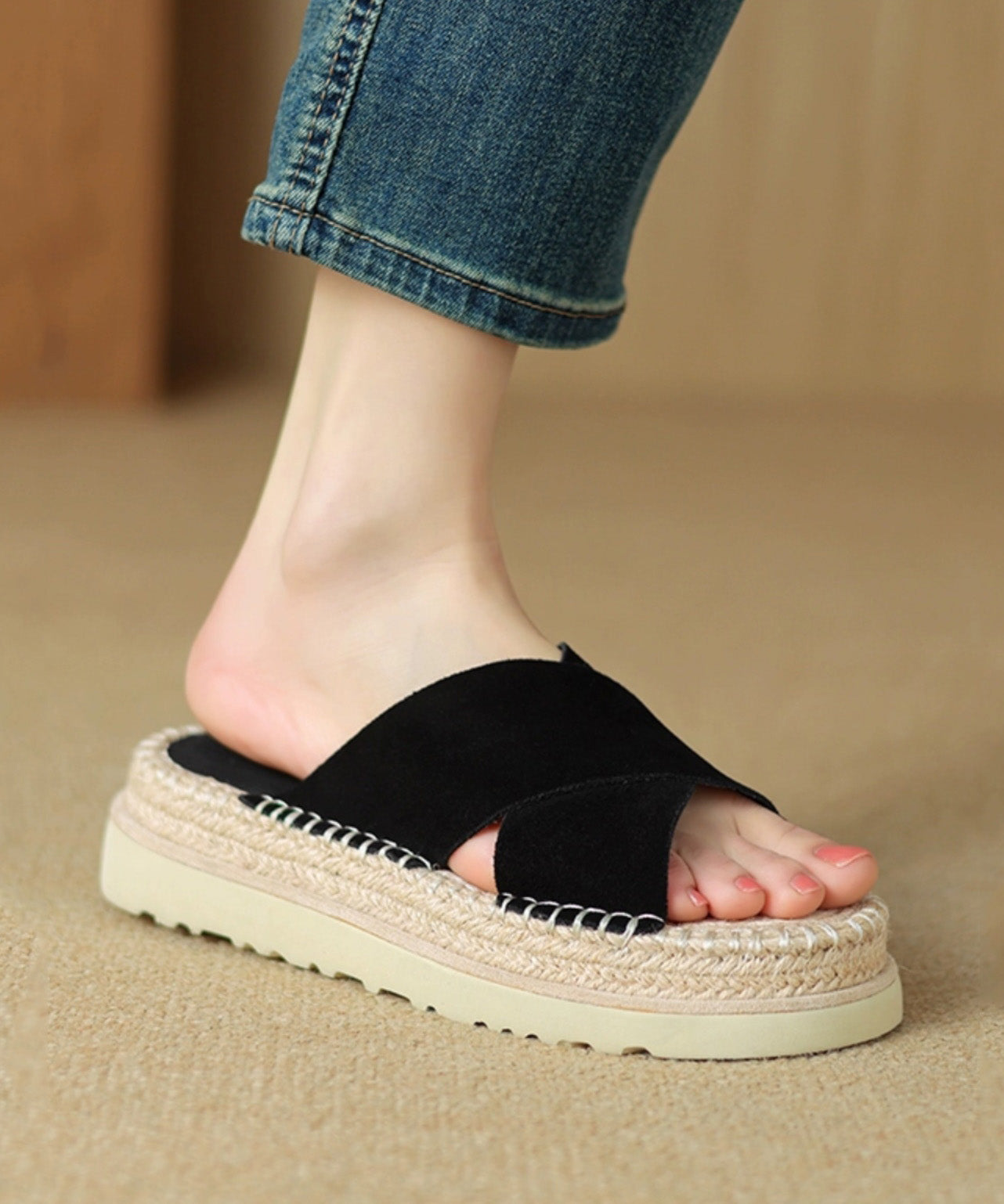 Cowhide Black Sandals Cross Platform Strap Slide Handmade Leather