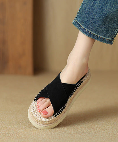 Cowhide Black Sandals Cross Platform Strap Slide Handmade Leather