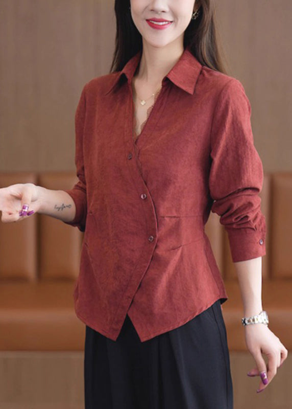 Solid Spring Button Lace Red Handmade Shirt Patchwork