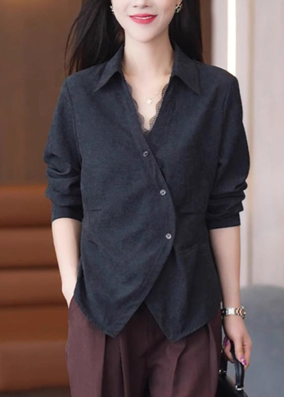 Solid Spring Button Lace Red Handmade Shirt Patchwork