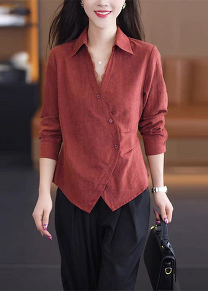 Solid Spring Button Lace Red Handmade Shirt Patchwork