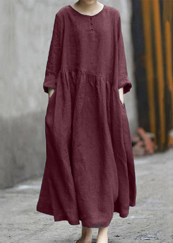 Fall Pockets O-Neck Red Patchwork Robe Dresses Handmade