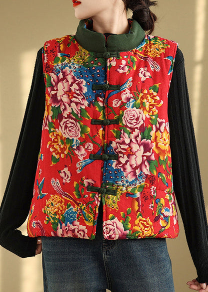 Handmade Red Stand Collar Print Chinese Button Fine Cotton Filled Vest Sleeveless TI020