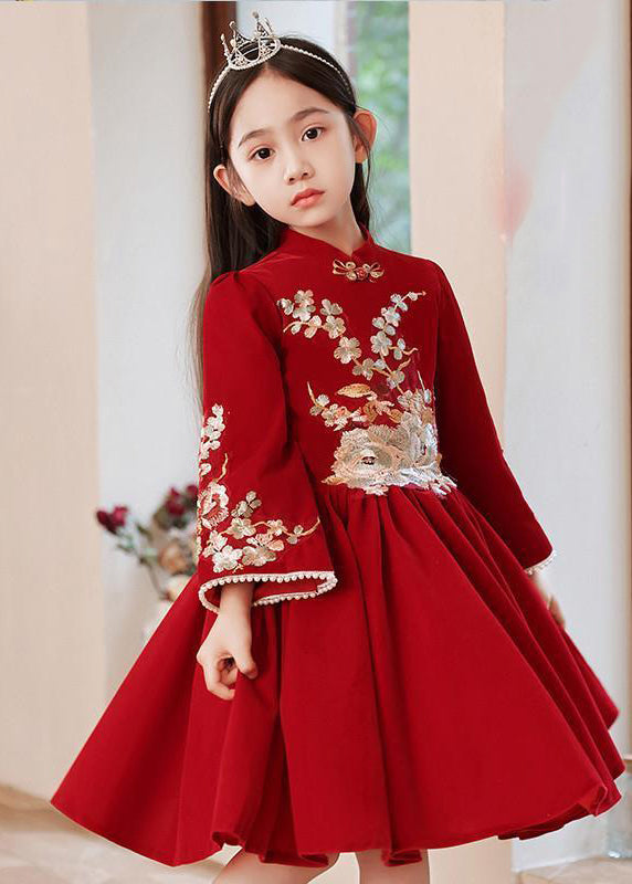 Collar Long Stand Girls Dress Red Handmade Wrinkled Spring