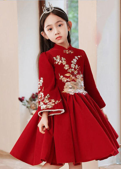 Collar Long Stand Girls Dress Red Handmade Wrinkled Spring