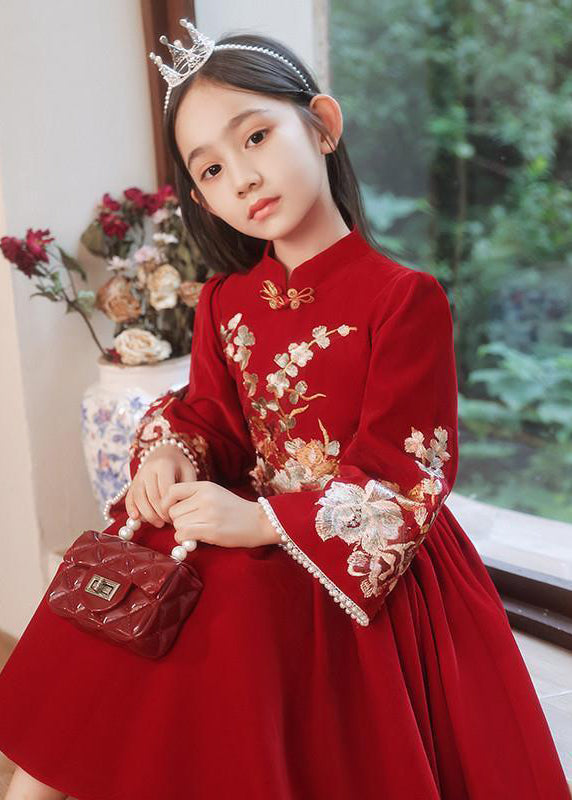 Collar Long Stand Girls Dress Red Handmade Wrinkled Spring