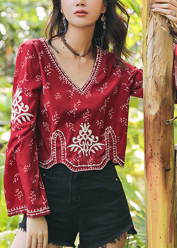 Sleeve Flare Handmade V Neck Top Cotton Embroidered Red