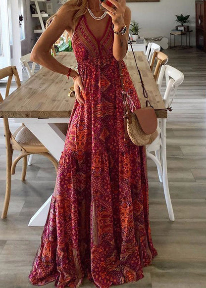 Neck Handmade Dress Cotton Red V Print Strap Summer Spaghetti