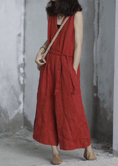 Handmade Red V Neck Tie Waist Linen Jumpsuit Sleeveless QK020