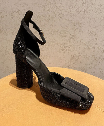 Heel Handmade Sandals Black Strap Chunky Buckle Zircon Splicing