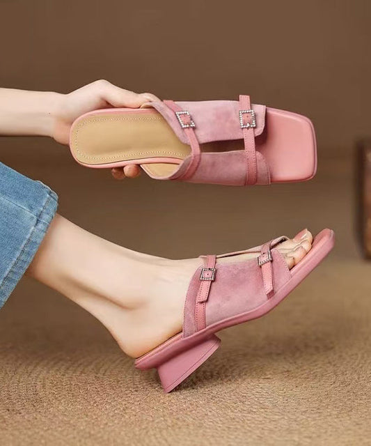 Pink Sandals Handmade Suede Slide Splicing Chunky