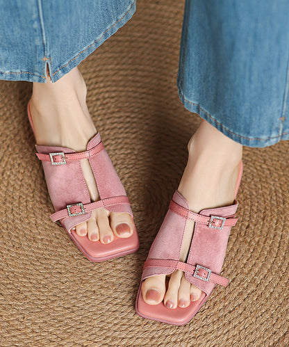 Pink Sandals Handmade Suede Slide Splicing Chunky