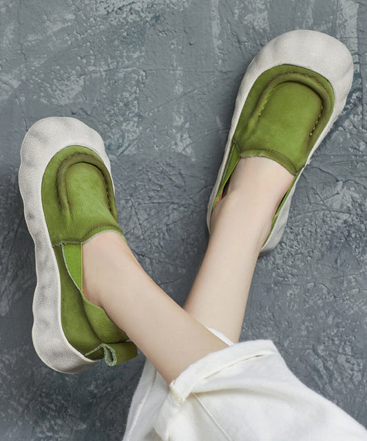 Platform Shoes Handmade Flat Feet Cowhide Splicing Leather Green