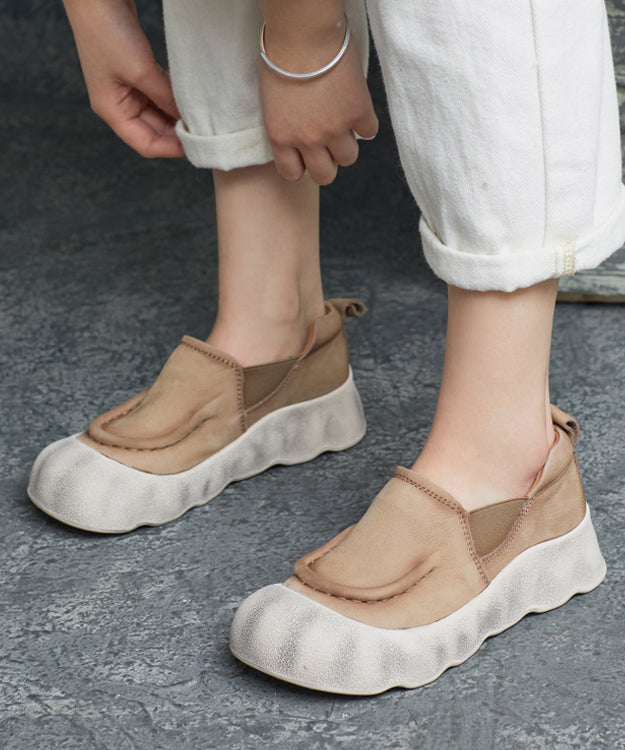 Feet Cowhide Shoes Flat Handmade Splicing Platform Leather Green