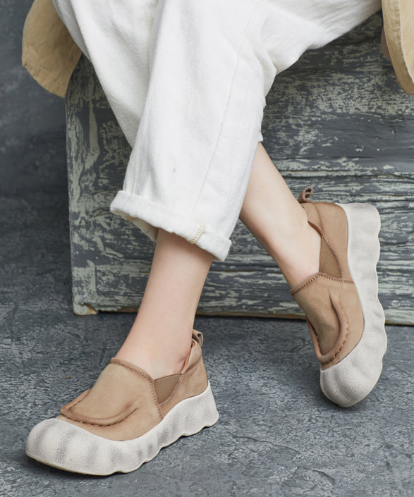 Feet Cowhide Shoes Flat Handmade Splicing Platform Leather Green