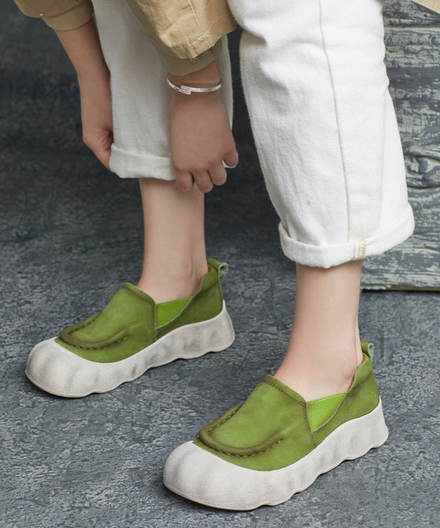 Platform Shoes Handmade Flat Feet Cowhide Splicing Leather Green