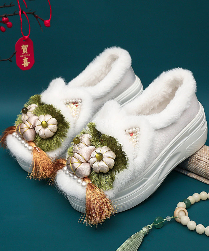 Handmade Splicing Tassel Nail Bead Platform Flat Shoes Coffee Fuzzy Wool Lined TQ039