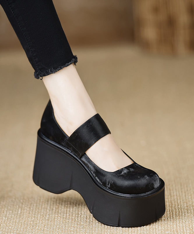 Handmade Vintage Buckle Strap Splicing Wedge High Heels Black Silk YC028