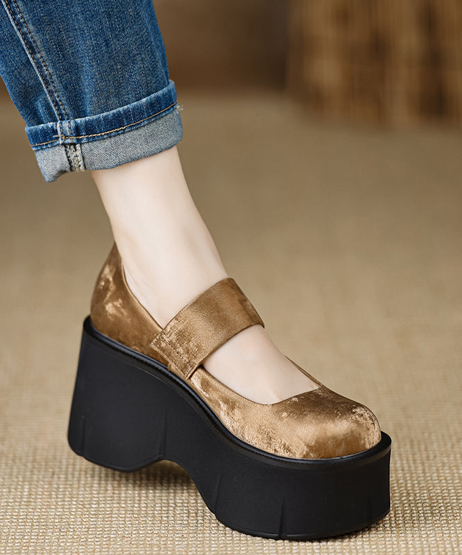 Handmade Vintage Buckle Strap Splicing Wedge High Heels Black Silk YC028