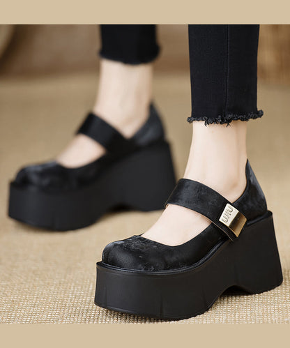 Handmade Vintage Buckle Strap Splicing Wedge High Heels Black Silk YC028