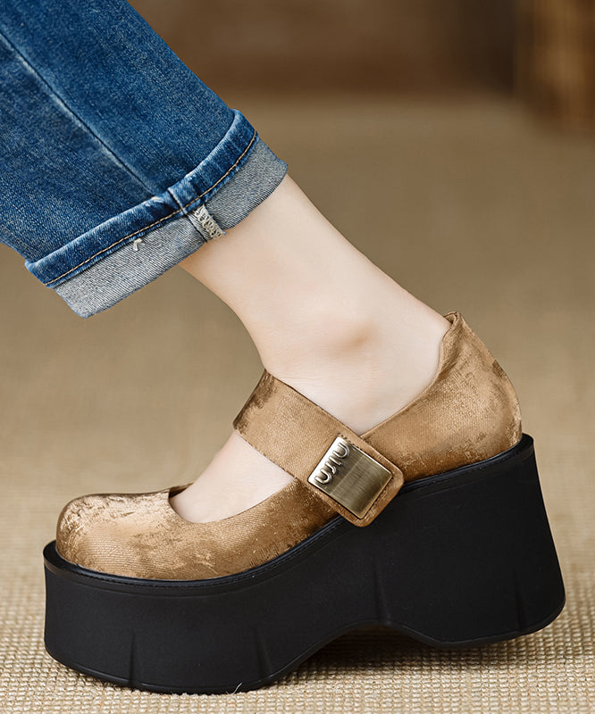 Handmade Vintage Buckle Strap Splicing Wedge High Heels Black Silk YC028